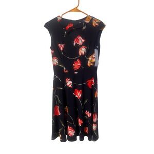 Wisp Navy Orange Floral Print Dress Size 0 Cap Sleeve Career